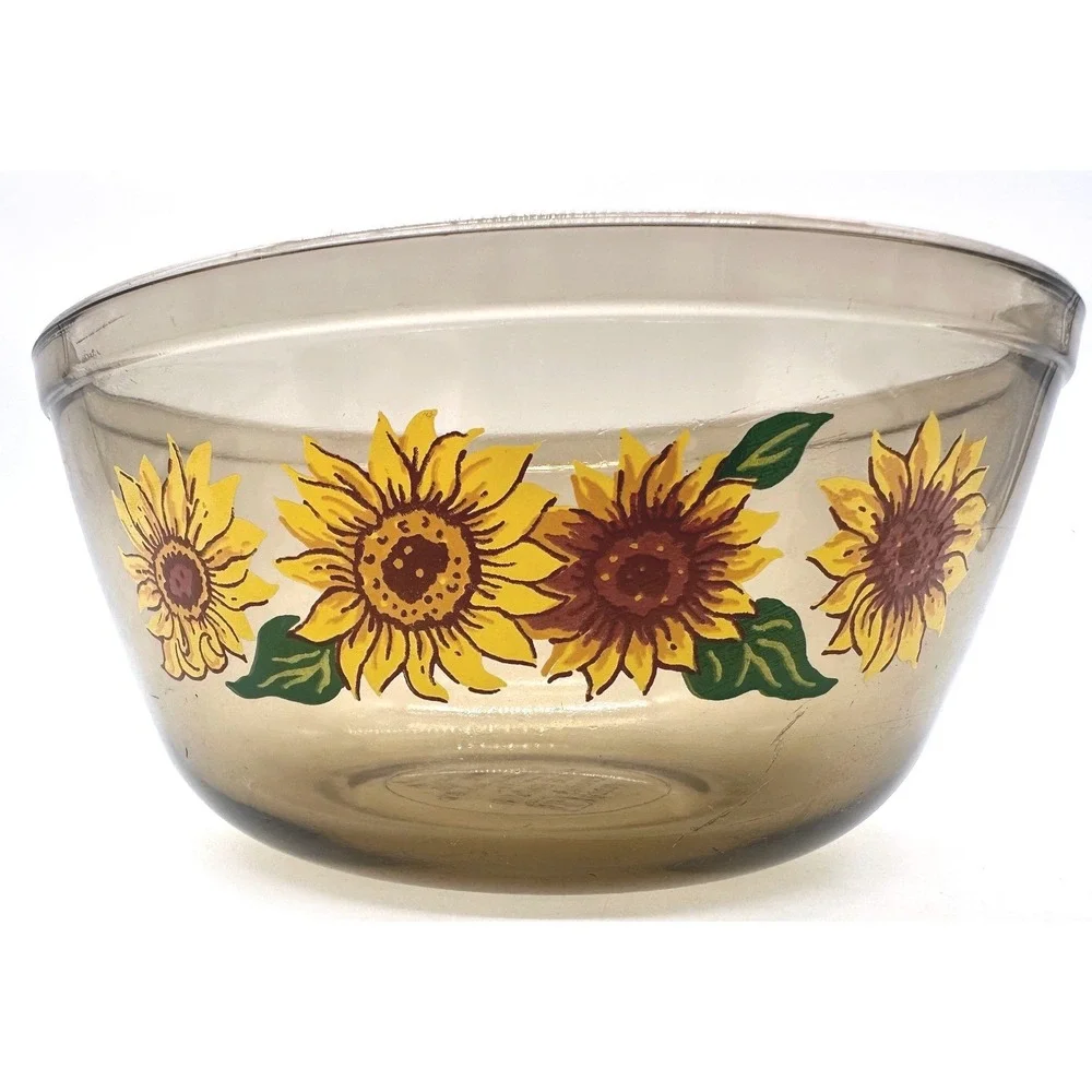 Anchor Hocking Mixing Bowl 1.5 Qt Amber Glass Sunflower Floral Ovenware USA